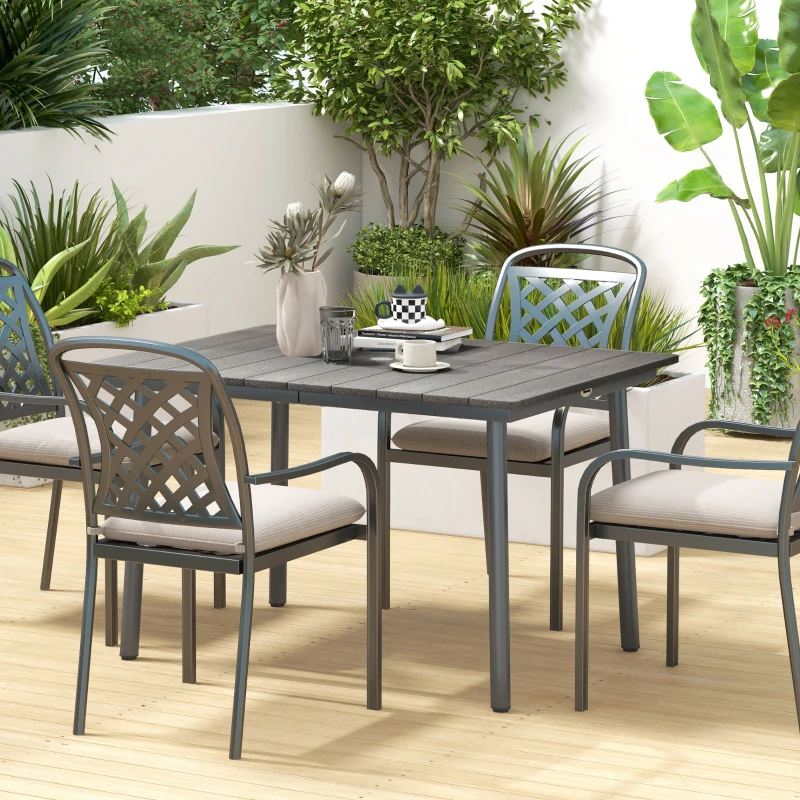 Outsunny 47" Outdoor Dining Table with Umbrella Hole, Aluminium Frame, HDPE Table Top, Slatted Design for Backyard, Dark Grey