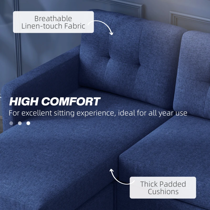 HOMCOM L-shaped Sofa, 3 Seater Sectional Couch with Ottoman, Corner Sofa with Thick Padded Cushion and Wood Legs, Dark Blue