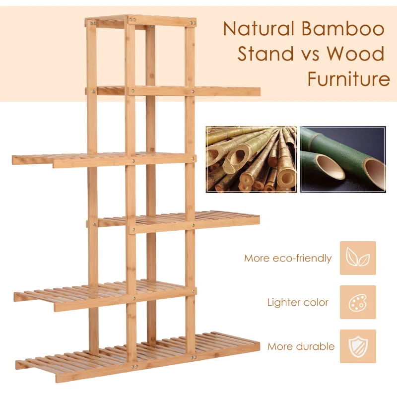 HOMCOM Bamboo Plant Stand, Flower Shelf, Utility Shelving Standing Unit, 6 Tier Display Rack Storage Organizer for Living Room Balcony Hallway Bathroom, Natural