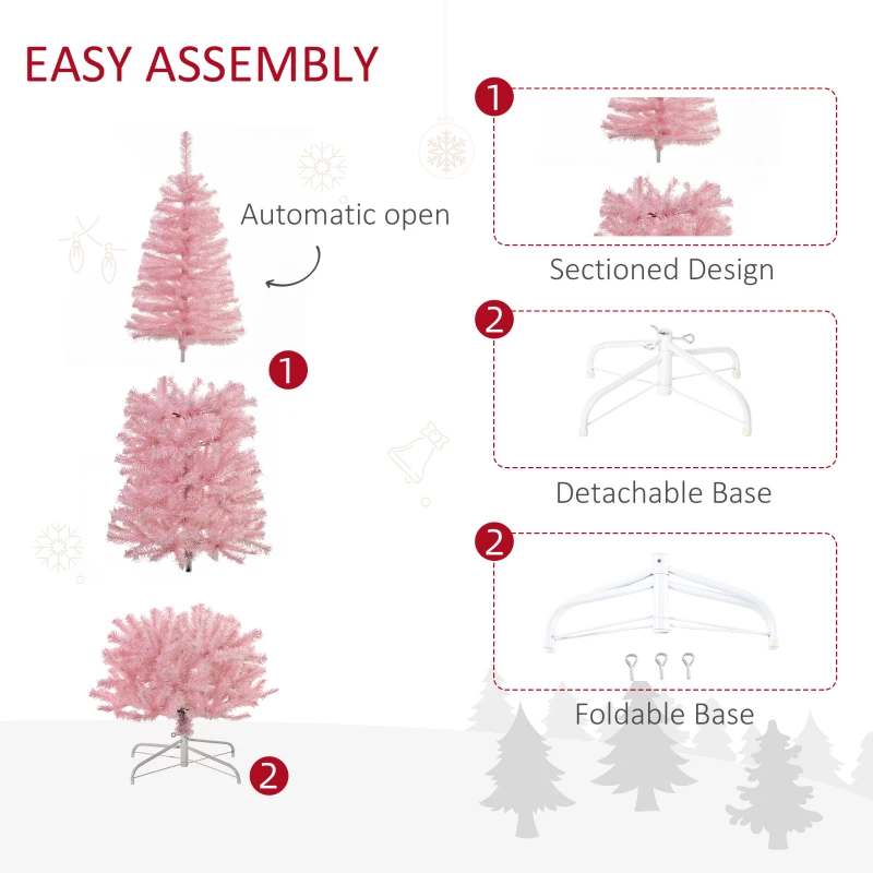 HOMCOM 6FT Pop-up Artificial Christmas Tree Holiday Xmas Holiday Pencil Tree Decoration with Automatic Open for Home Party, Pink