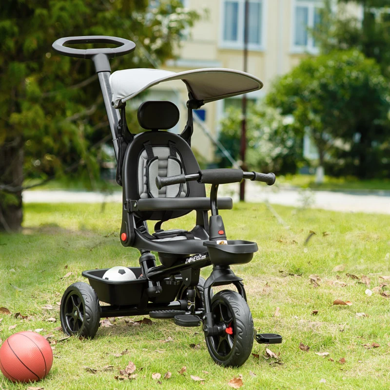 Qaba Kids Tricycle 4 In 1 Trike with Reversible Angle Adjustable Seat Removable Handle Canopy Handrail Belt Storage Footrest Brake Clutch for 1-5 Years Old Grey