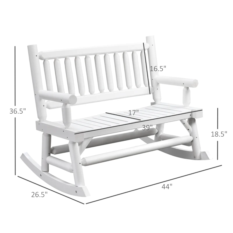 Outsunny 2-Person Wood Rocking Chair with Log Design, Heavy Duty Loveseat with Wide Curved Seats for Patio, Backyard, Garden, White