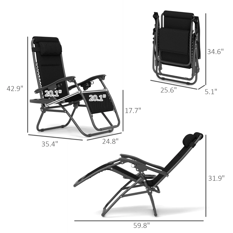 Outsunny Zero Gravity Lounge Chair Set, 2 Pieces Reclining Folding Outdoor Lounge Chairs with Headrest Side Tray, Black