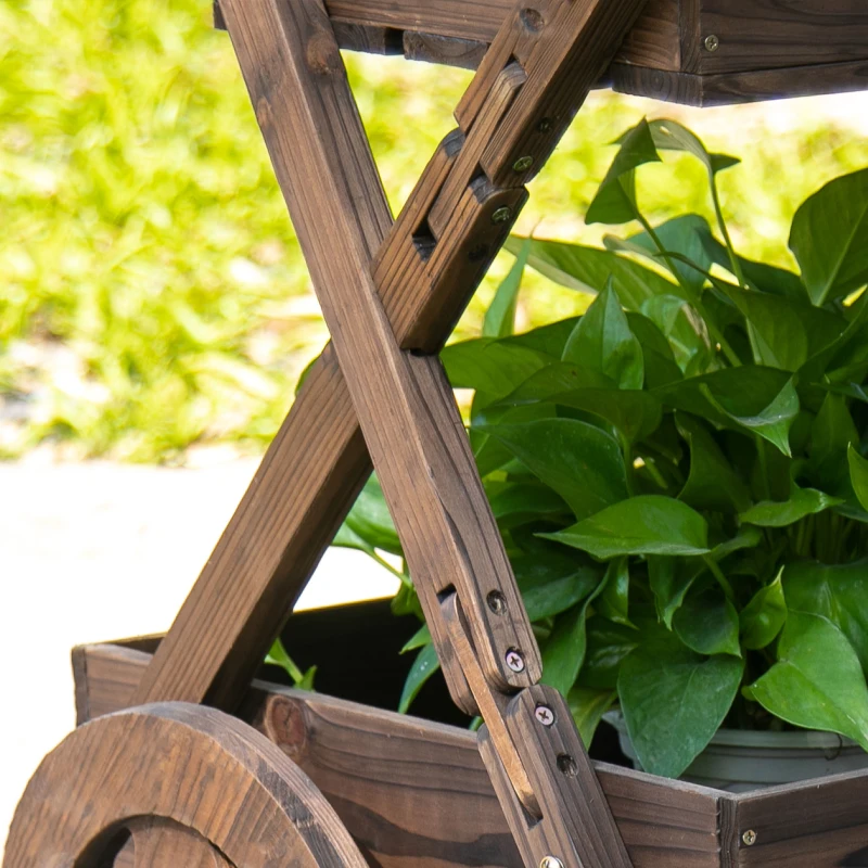 Outsunny Outdoor Plant Stand on Wheels with 2 Shelves, Wooden Flower Cart Display Stand, Wagon Decor for Garden, Patio, Balcony, Greenhouse