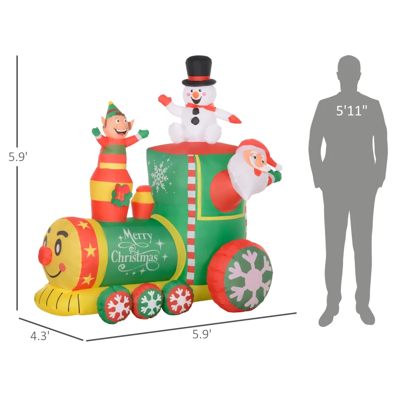 Outsunny 6FT Inflatable Train with Santa Claus, Snowman, Blow-Up Outdoor Display w/ White LED Lights for Party