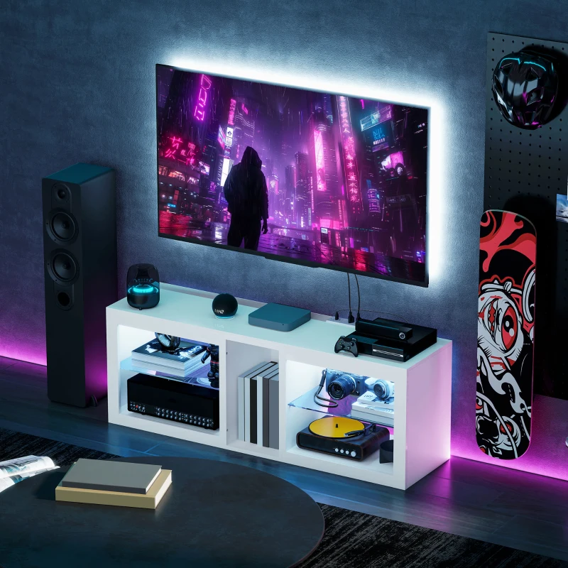 HOMCOM TV Stand Center for 55" with LED Lights and Power Outlets TV Television Cabinet with Adjustable Shelves High Gloss White
