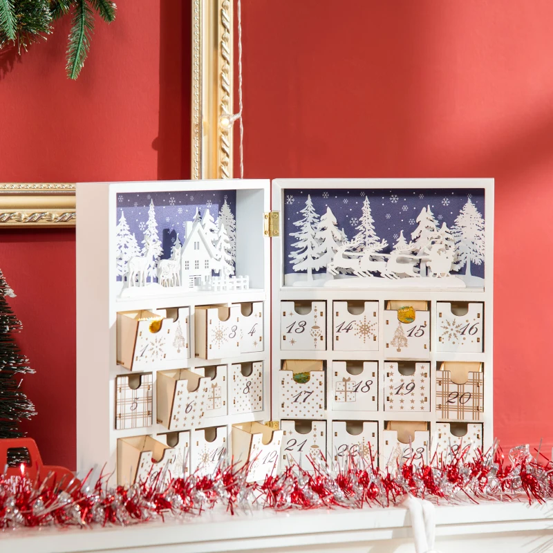 HOMCOM Wooden Christmas Advent Calendar Book, Table Holiday Decoration with 24 Countdown Drawers, for Kids and Adults, White
