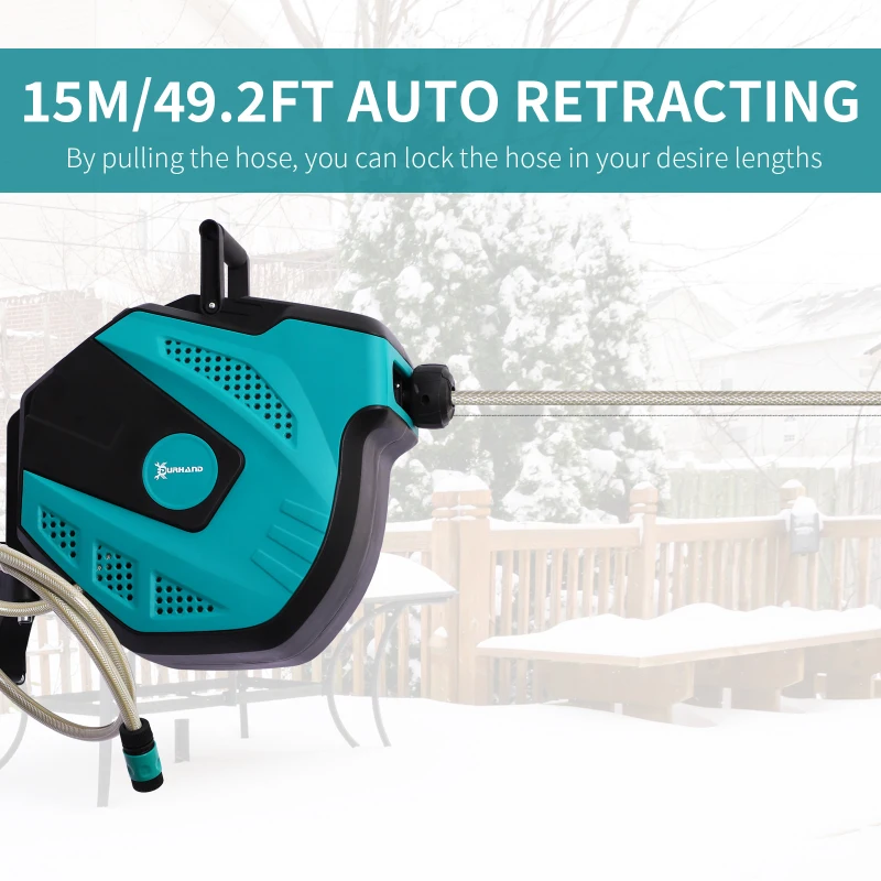 Outsunny Retractable Garden Hose Reel 1/2" x 49 ft Wall Mounted with Automatic Rewind, 180° Swivel Bracket, Any Length Lock, 7 Pattern Hose Nozzle