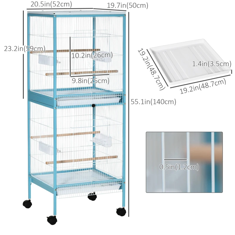 PawHut 55.1" 2 In 1 Bird Cage Aviary Parakeet House for finches, budgies with Wheels, Slide-out Trays, Wood Perch, Food Containers, Light Blue