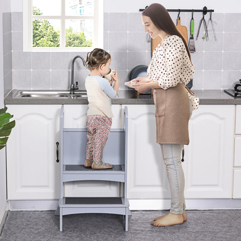 Qaba Toddler Tower Kitchen Helper for Children with 2 Non-Slip Steps and Support Handles - Grey