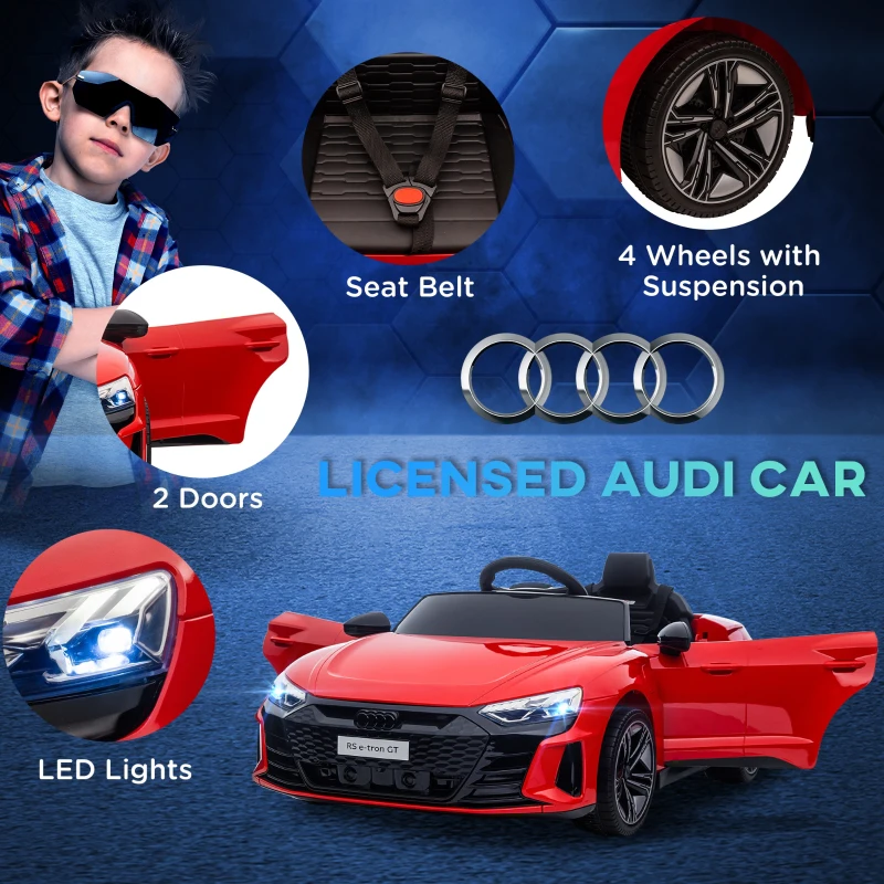 Aosom Electric Car for Kids, 12V Licensed Audi RS E-tron GT 3.1 MPH Kids Ride on Car, Ride-on Toy with Remote Control, 4 Suspension Wheels, Horn, Music, Lights, for Boys and Girls, Red(m-4)