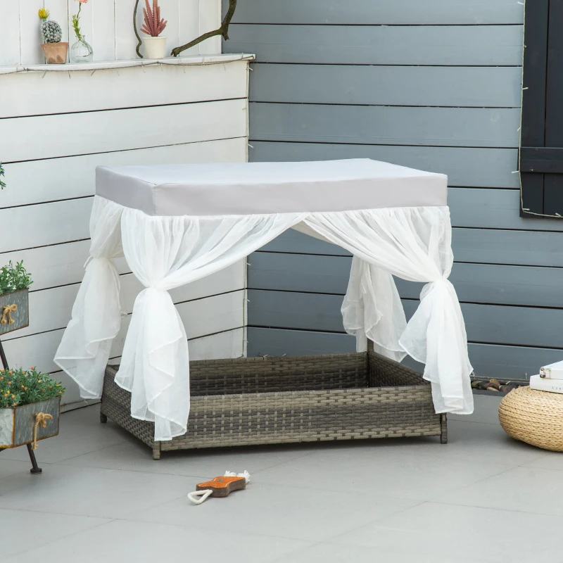 PawHut Wicker Dog House for Indoor Outdoor, Elevated Pet Sofa, Rattan Cat Bed for Garden Patio, Weatherability Roof for Medium-Sized Dogs, Grey