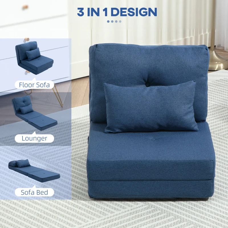 HOMCOM Floor Chair, Convertible Floor Sofa Bed, Folding Upholstered Couch Bed with Adjustable Backrest, Dark Blue