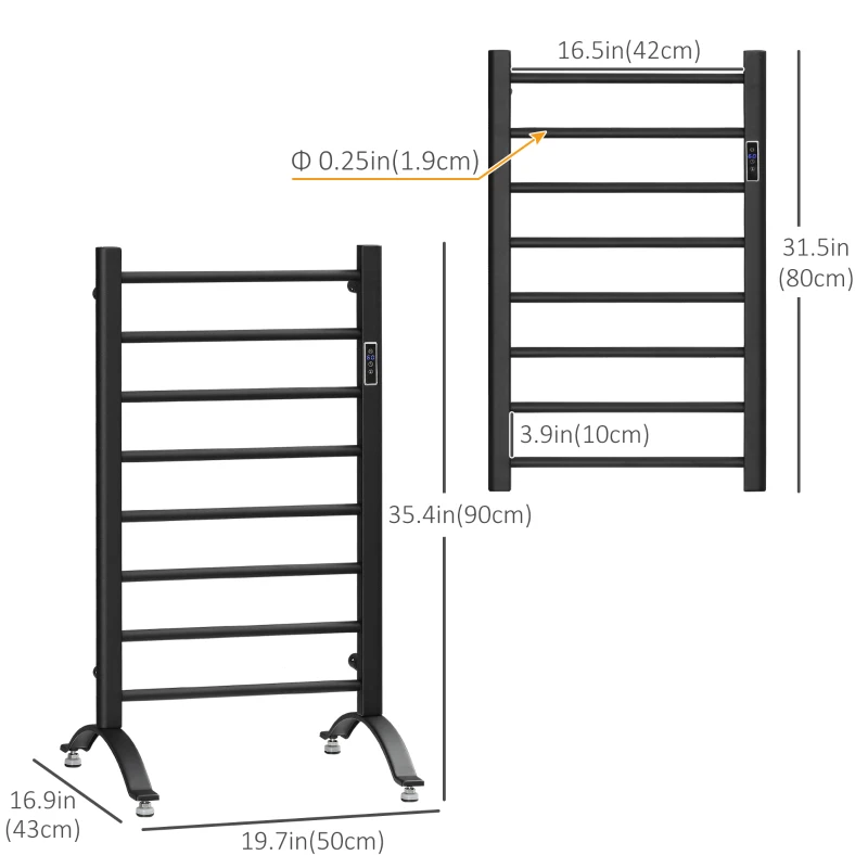 HOMCOM 8-Bar Heated Towel Warmer Rack with Built-in Timer and LED Indicators, Wall Mounted & Free Standing Carbon Steel Electric Towel Bar with Adjustable Temperature, Black