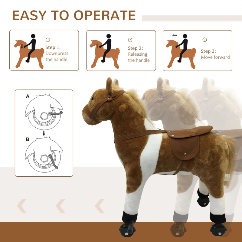 Qaba Kids Plush Ride On Toy Walking Horse with Wheels and Realistic Sounds, 30"H, Brown