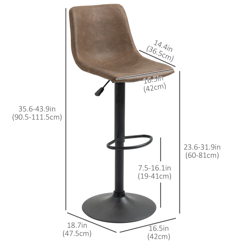HOMCOM Adjustable Counter Height Bar Stools Set of 2, 360° Swivel Kitchen Counter Stools Dining Chairs with Backs, Vintage Leather, Brown