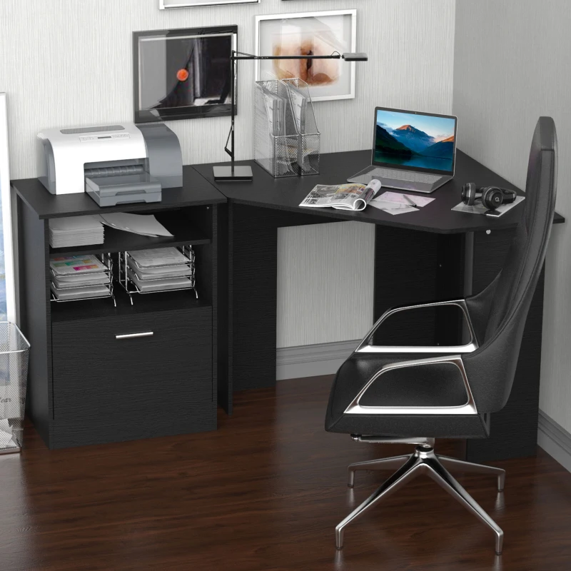 HOMCOM Computer Desk with Printer Cabinet, L-Shaped Corner Desk with Storage, Study PC Workstation for Home Office, Black
