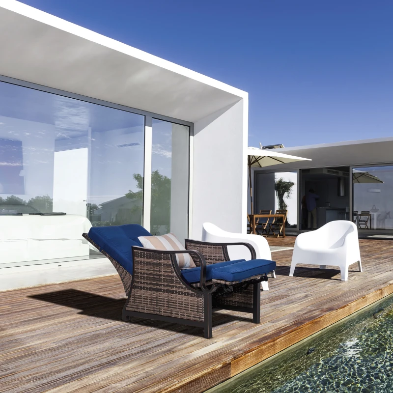 Outsunny Outdoor Recliner Chair with Cushion, Rust-Resistant Aluminum Frames PE Wicker Patio Lounge Chaise Chair with Adjustable Reclining Backrest and Footrest, Pillow, Dark Blue