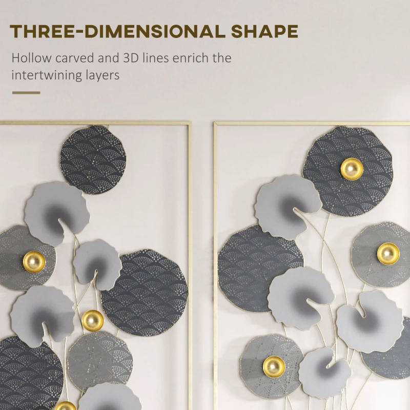 HOMCOM 3D Metal Wall Art Set of 2 Modern Lotus Leaves Hanging Wall Sculpture Home Decor for Living Room Bedroom Kitchen 20"x32"x2, Gray and Gold