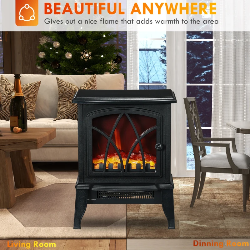 HOMCOM Electric Fireplace Heater, Freestanding Fireplace Stove with Realistic Flame and Overheat Protection, 750W/1500W, Black