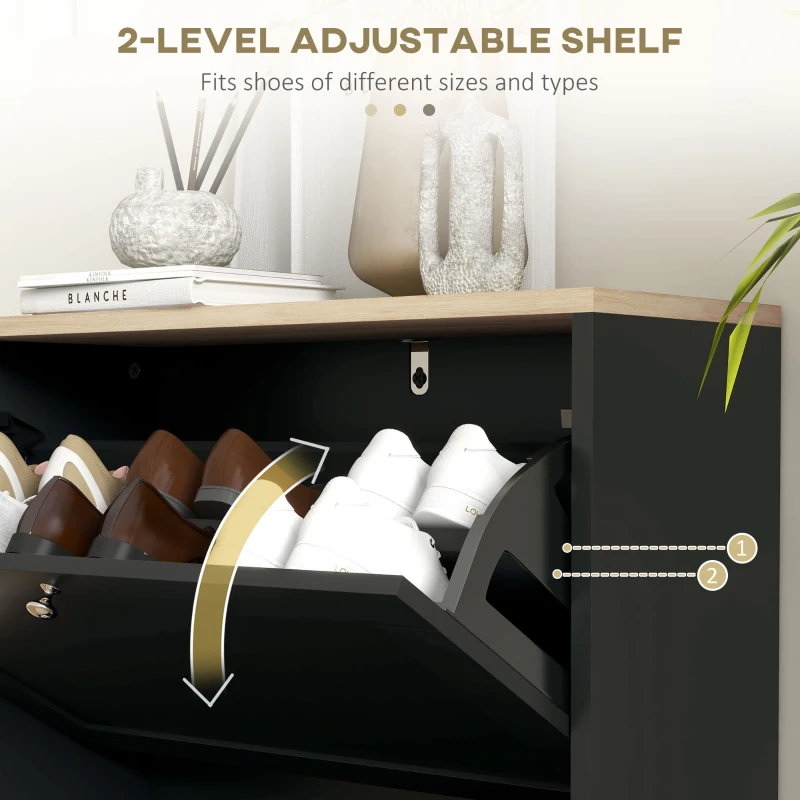 HOMCOM Slim Shoe Storage Cabinet, Modern Shoe Cabinet with 2 Flip Drawers and Adjustable Shelves for 8-12 Pairs, Black