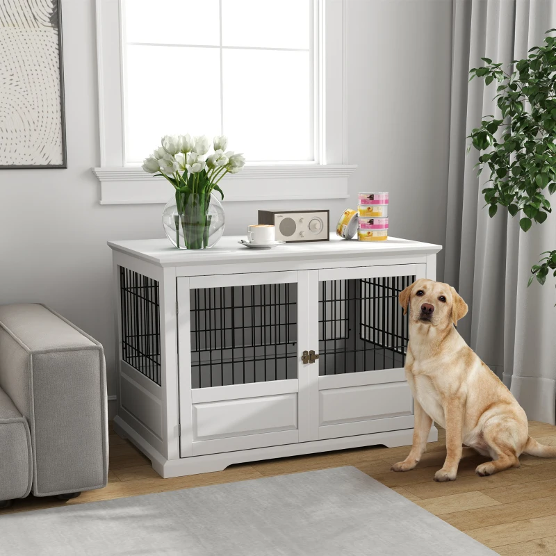 PawHut 43" Dog Crate Furniture with 3 Doors, Removable Tray, for Extra Large Medium Small Dogs, Indoor Use, White