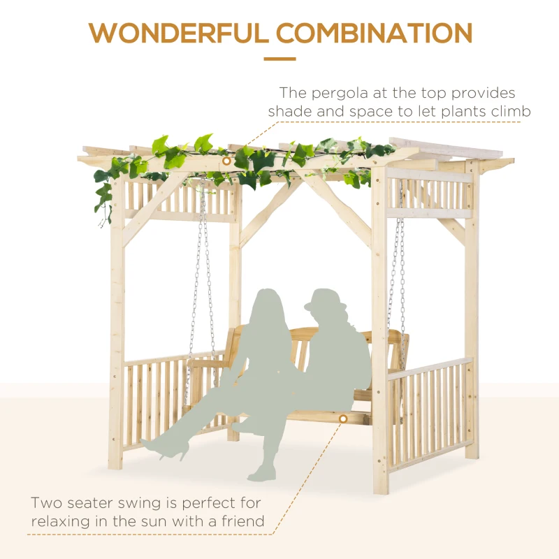 Outsunny Patio Swing Chair with Pergola, 2-Person Wooden Gazebo Swing Bench Sun Shelter for Garden, Poolside, Backyard, Deck