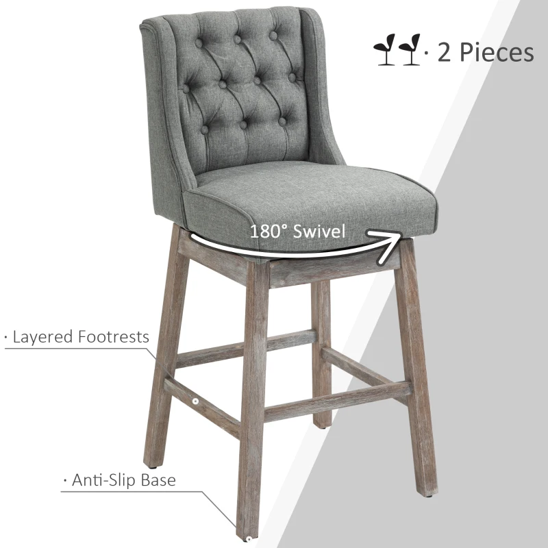 HOMCOM Bar Height Bar Stools Set of 2, 180 Degree Swivel Barstools with Solid Wood Footrests and Button Tufted Design, 30" Seat Height Bar Chairs for Kitchen Island, Gray