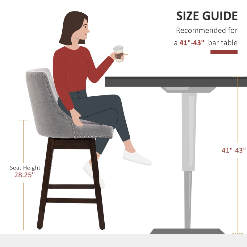 HOMCOM 28" Swivel Bar Height Bar Stools Set of 2, Armless PU Leather Upholstered Barstools Chairs with Nailhead Trim and Wood Legs, Light Grey