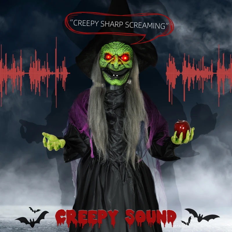 HOMCOM 5.9' Life Size Decoration Animatronic Old Witch Outdoor Halloween, Sound and Motion Activated w/ Light Up Eyes