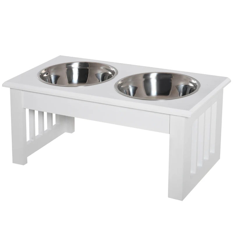 PawHut 6" Height Small Puppy Dog Feeding Station for Messy Pets, Stainless Steel Elevated Dog Bowls with Modern Wooden Frame, Dog Food Stand Pet Feeding Station, White