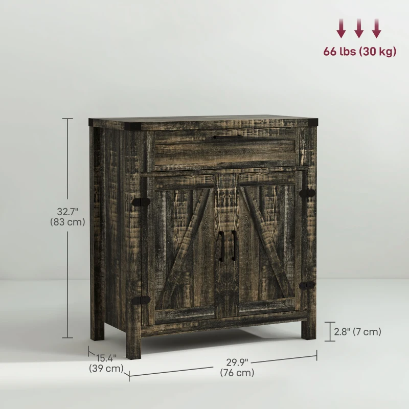 HOMCOM Farmhouse Kitchen Storage Cabinet, Sideboard Buffet Cabinet with 2 Rustic Barn Doors and Drawer, Dark Oak