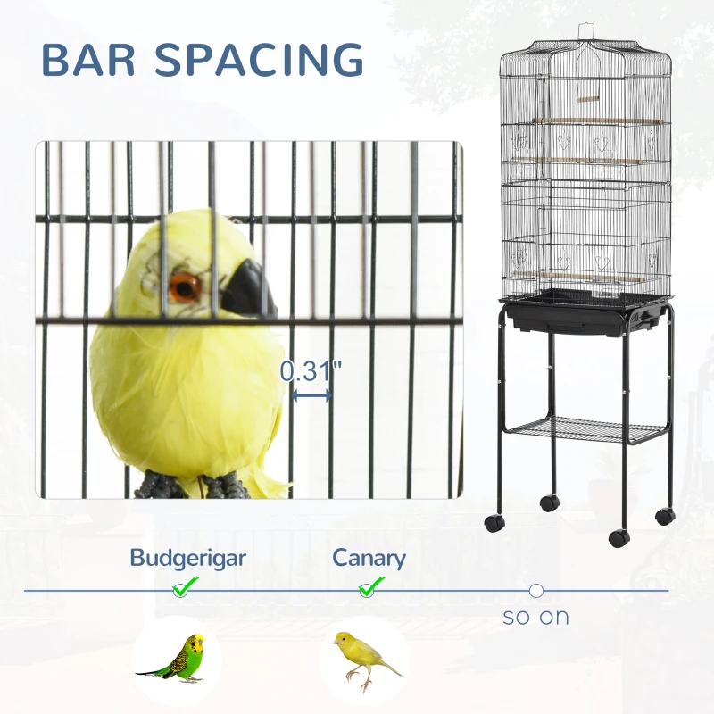 PawHut 62" Rolling Bird Cage Cockatoo House Play Top Finch Pet Supply with Storage Shelf, Wheels - Black