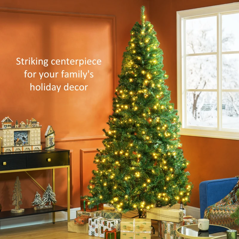 HOMCOM 7.5 FT Tall PreLit Artificial Christmas Tree with Realistic Branches, 500 Warm White LED Lights and 1346 Tips, Green
