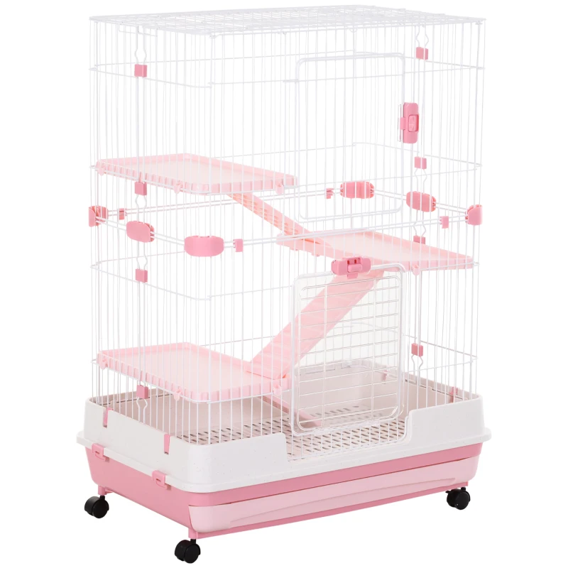 PawHut 32"L 4-Level Small Animal Cage with Universal Lockable Wheels, Slide-out Tray for Bunny, Chinchillas, Ferret, Pink