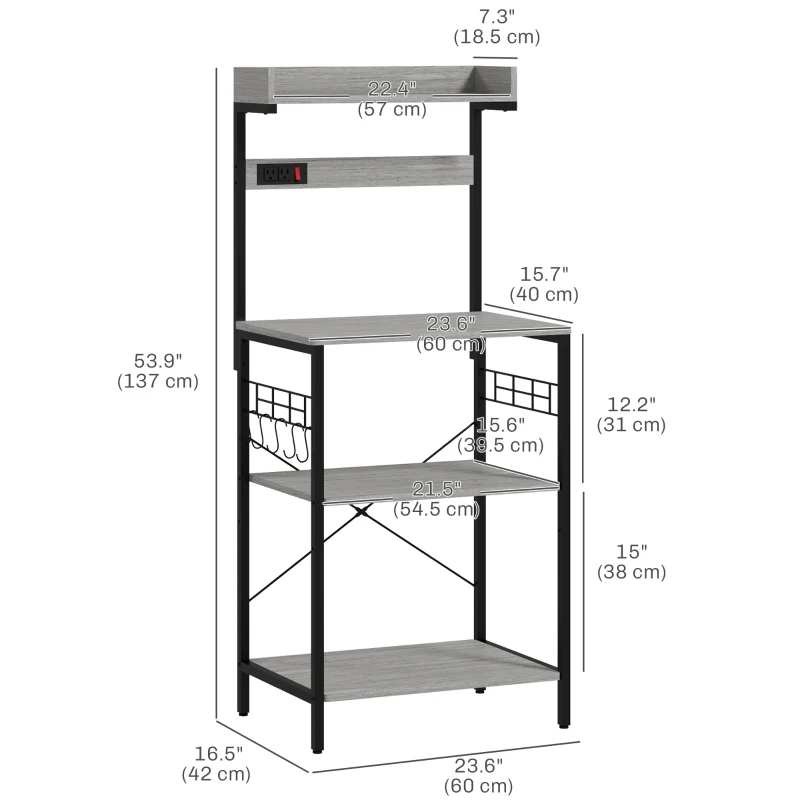 HOMCOM Kitchen Baker's Rack with Power Outlet, Coffee Bar Station with Adjustable Shelves and Hooks, Distressed Grey