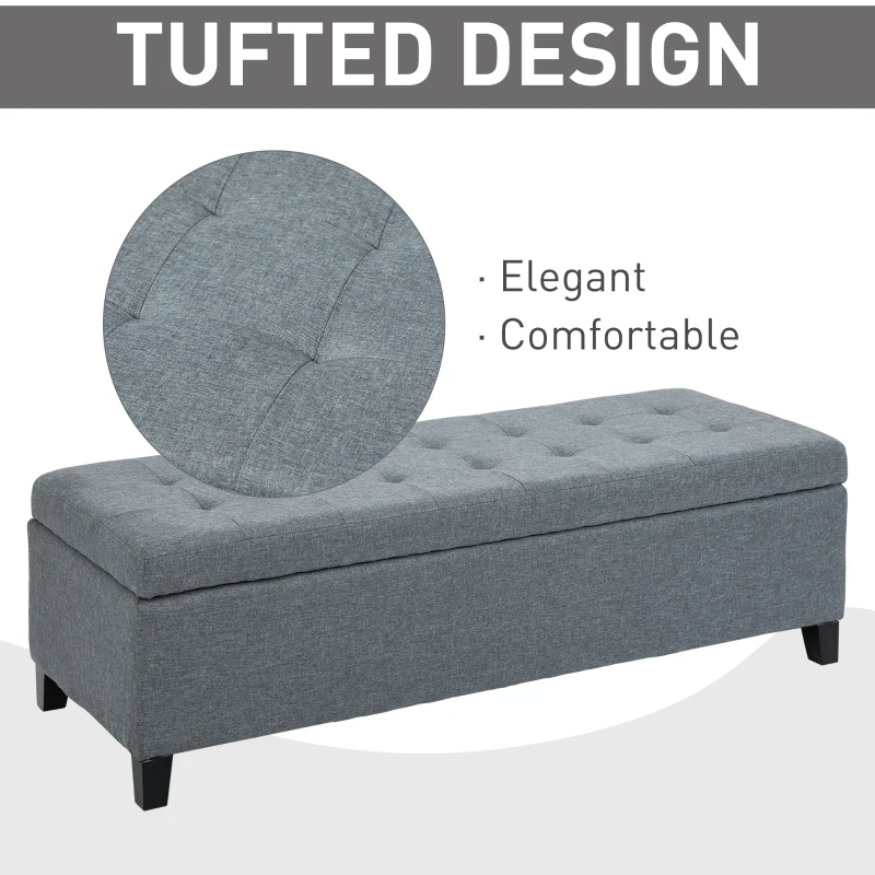 HOMCOM Rectangular Entry Bench, Tufted Upholstered Linen Fabric Wood Feet Storage Ottoman Bench, Grey