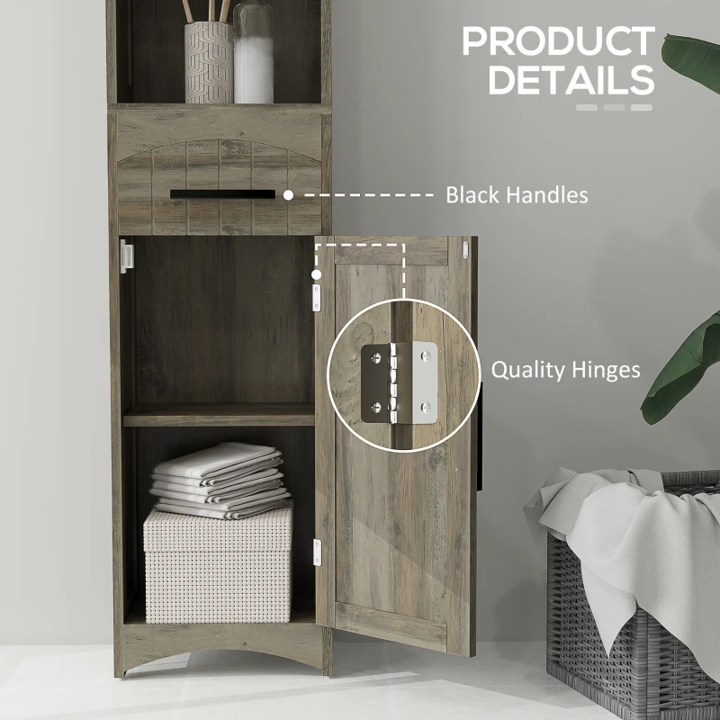 HOMCOM Farmhouse Tall Slim Bathroom Storage Cabinet with Recessed Drawer, Narrow Cabinet with Barn Door, Weathered Gray Oak