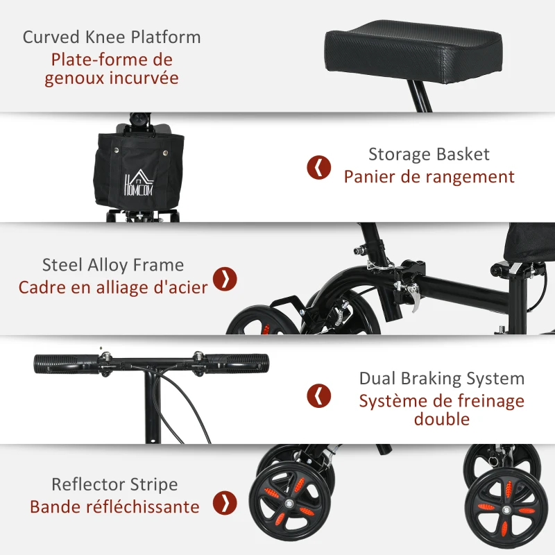 HOMCOM Steerable Knee Walker, Foldable Knee Scooter with Dual Braking System, Adjustable Height, Crutch Alternative, Black