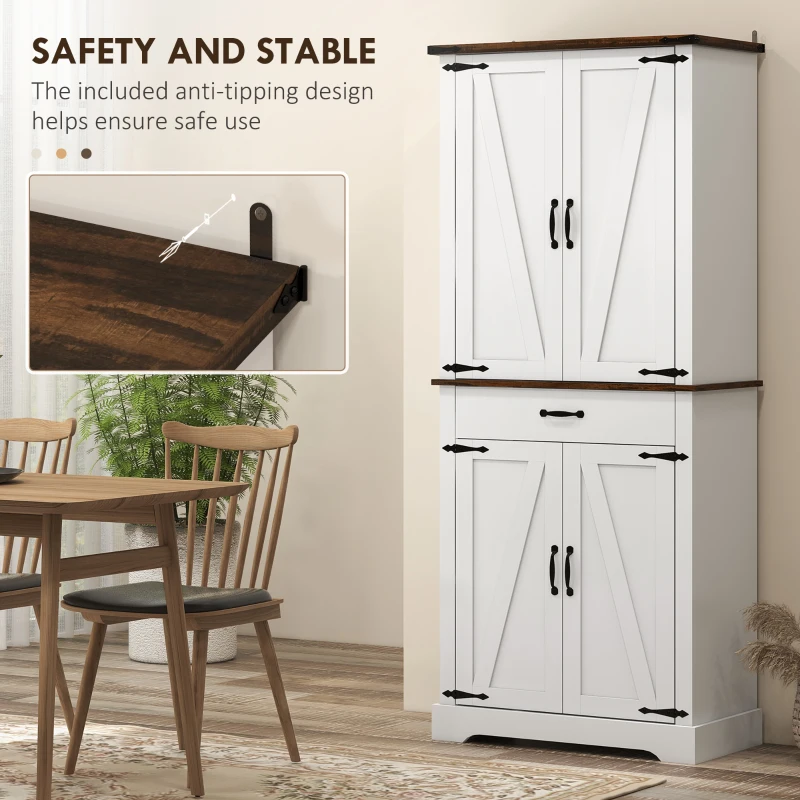 HOMCOM 71" Tall Kitchen Cabinet, Farmhouse Pantry Cabinet w/ Barn Doors, 6 Shelves w/ 2 Doors, Drawer and Adjustable Shelves, White