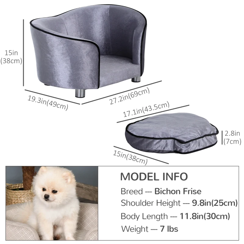 PawHut Pet Sofa Bed Dog Cat Cozy Puppy House Couch Furniture with Removable Cushion, Light Grey