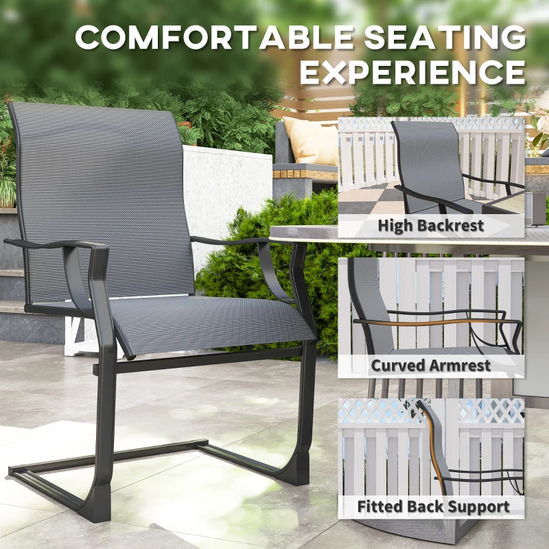 Outsunny C Spring Patio Dining Chairs Set of 2 with High Backrest, Armrest, Breathable Fabric & Metal Frame, 256LBS, Light Gray