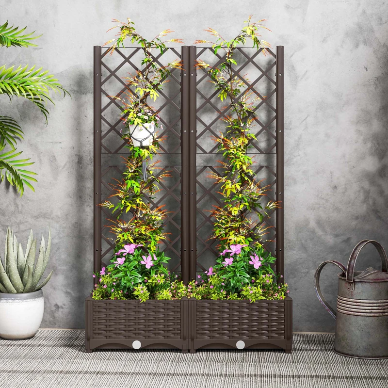 Outsunny Raised Garden Bed with Trellis, Plastic Raised Flower Bed with Drainage Holes and Drain Plugs, 32" x 16" x 48"