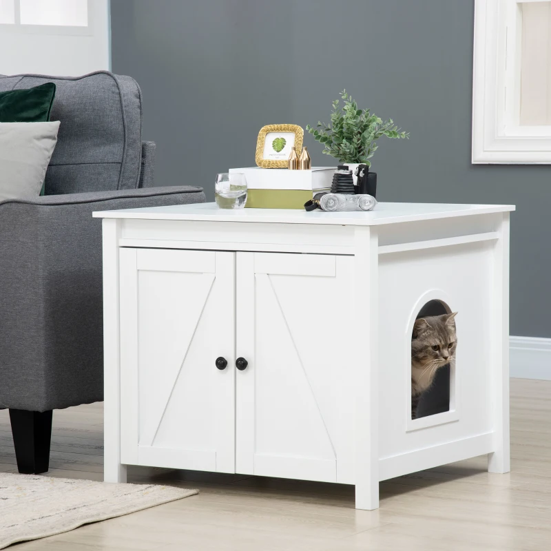 PawHut Cat Litter Box Enclosure with Openable Top, Cat Washroom Storage Side Table with Double Doors, Zinc Alloy Handles, for Indoor Use, White