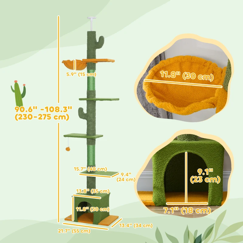 PawHut Floor to Ceiling Cat TreeTower with 90.5"-108" Adjustable Height, Scratching Posts, Hammock, Comdo, Toy Ball, Green