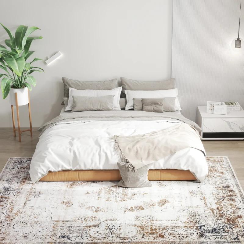 HOMCOM 8x10 Boho Area Rug, Machine Washable Carpet for Living Room, Bedroom, Dining Room, Kitchen, Home Office, Brown