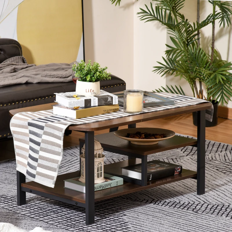 HOMCOM Vintage Industrial Coffee Table with Under-Top Storage Shelves and Rounded Corners, Dark Wood Color