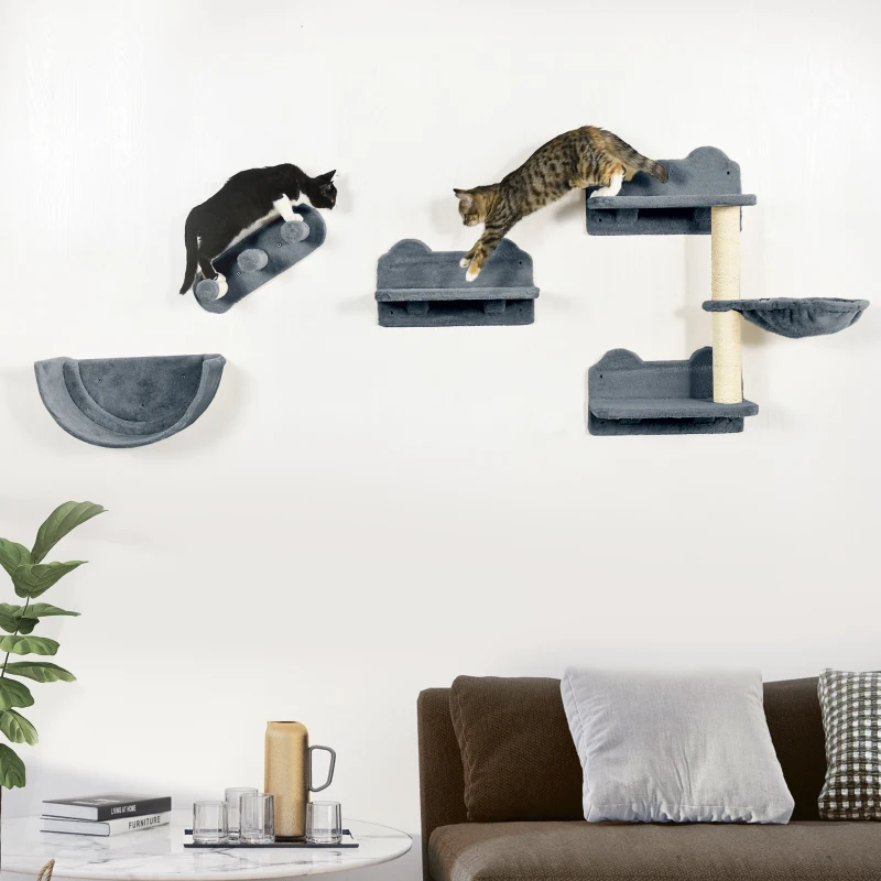 PawHut Cat Wall Shelves, with Hammock, Scratching Post, Steps, Platforms, Gray