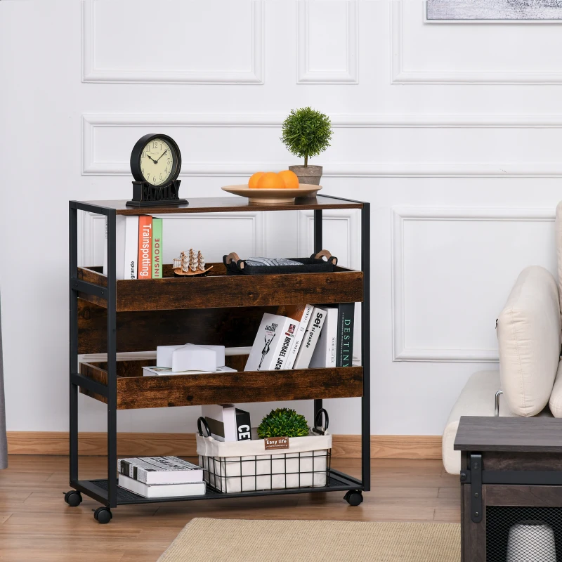 HOMCOM Industrial Kitchen Rolling Cart on Wheels, 4-Tier Utility Cart with Pull-out Open Shelves and Mesh Bottom, Microwave Stand for Dining & Living Room, Rustic Brown