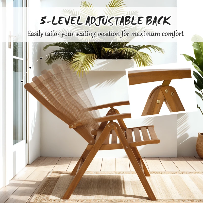 Outsunny Outdoor Folding Chair with Adjustable Back, Wood Foldable Dining Chair with Slatted Seat, Armrest, Teak